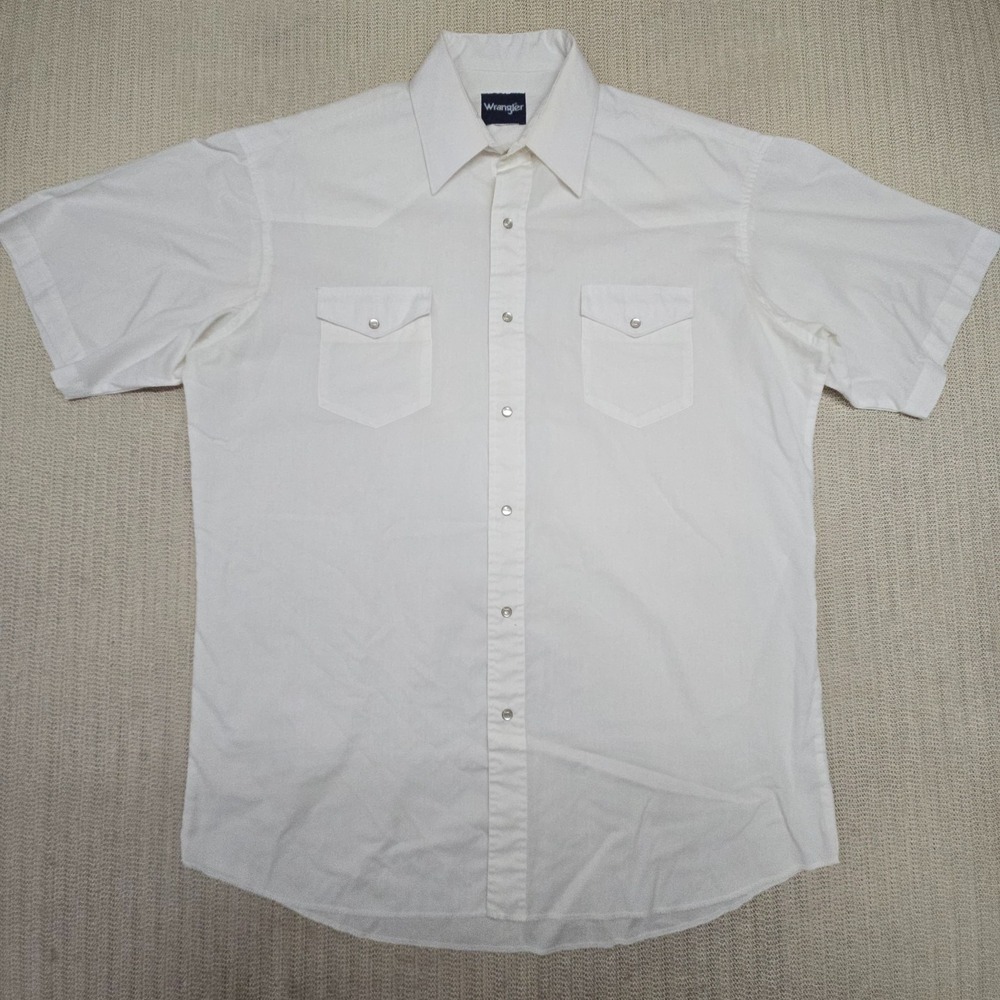 Wrangler Pearl Snap Shirt Mens XL White Solid Cowboy Western Short Sleeve 90s